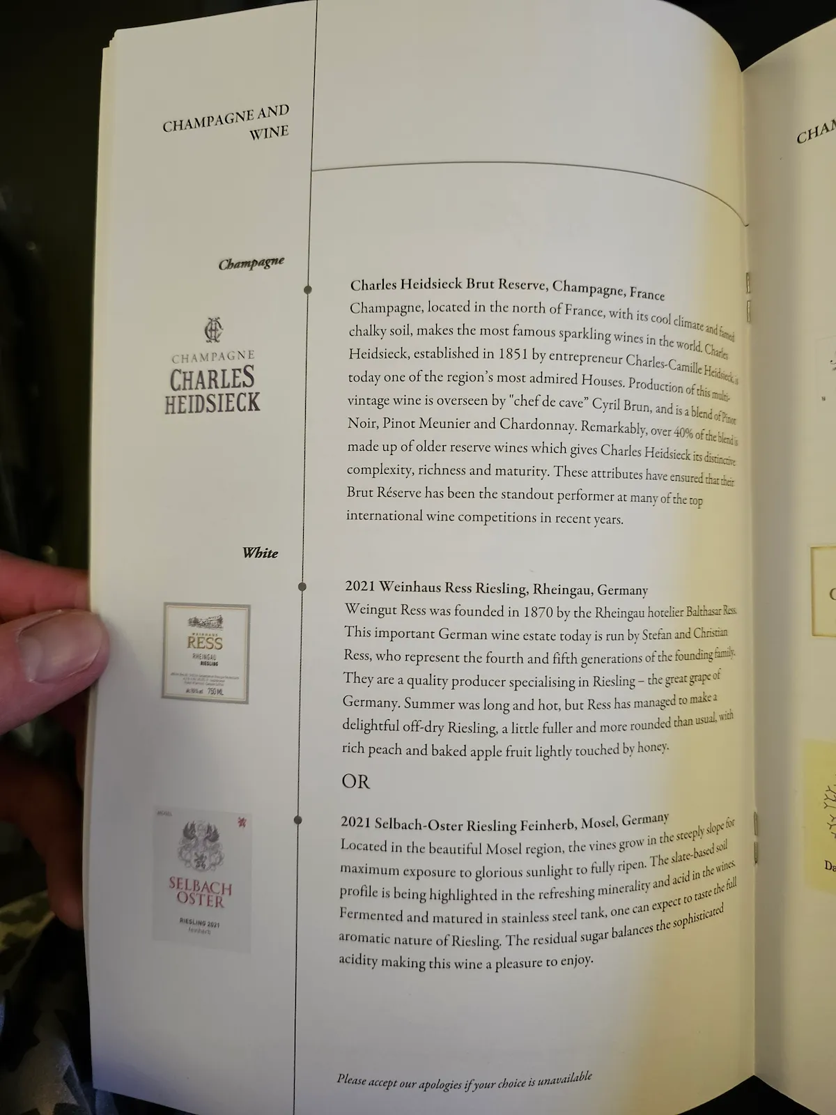 Singapore Airlines Business Class Menü champagner