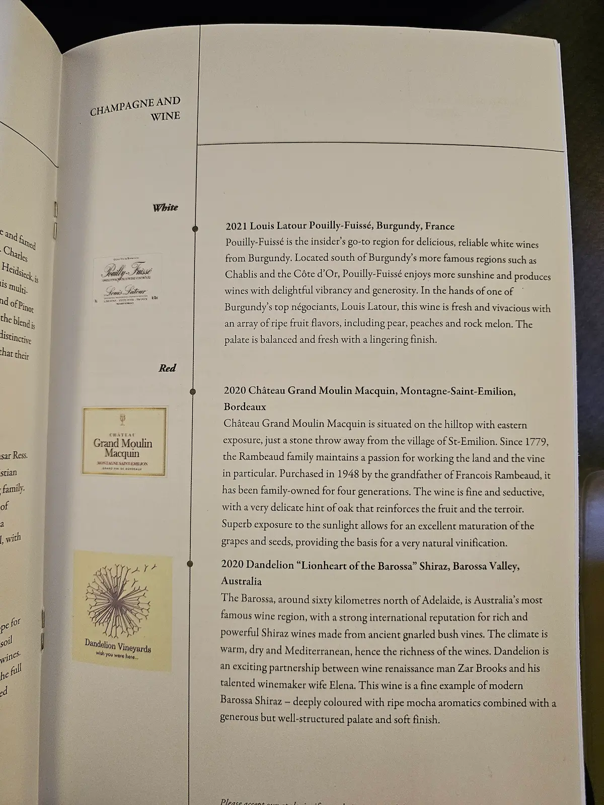 Singapore Airlines Business Class Menü wein