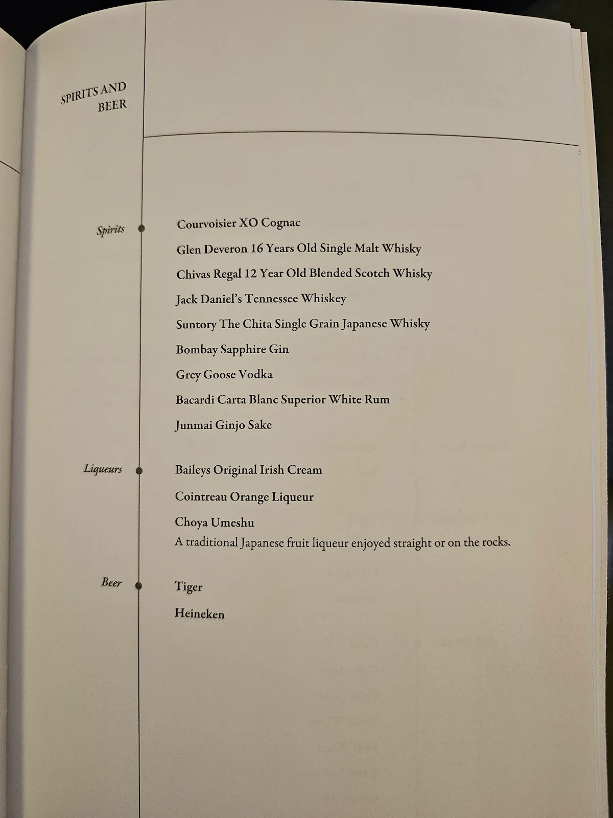 Singapore Airlines Business Class Menü Schnaps und Bier