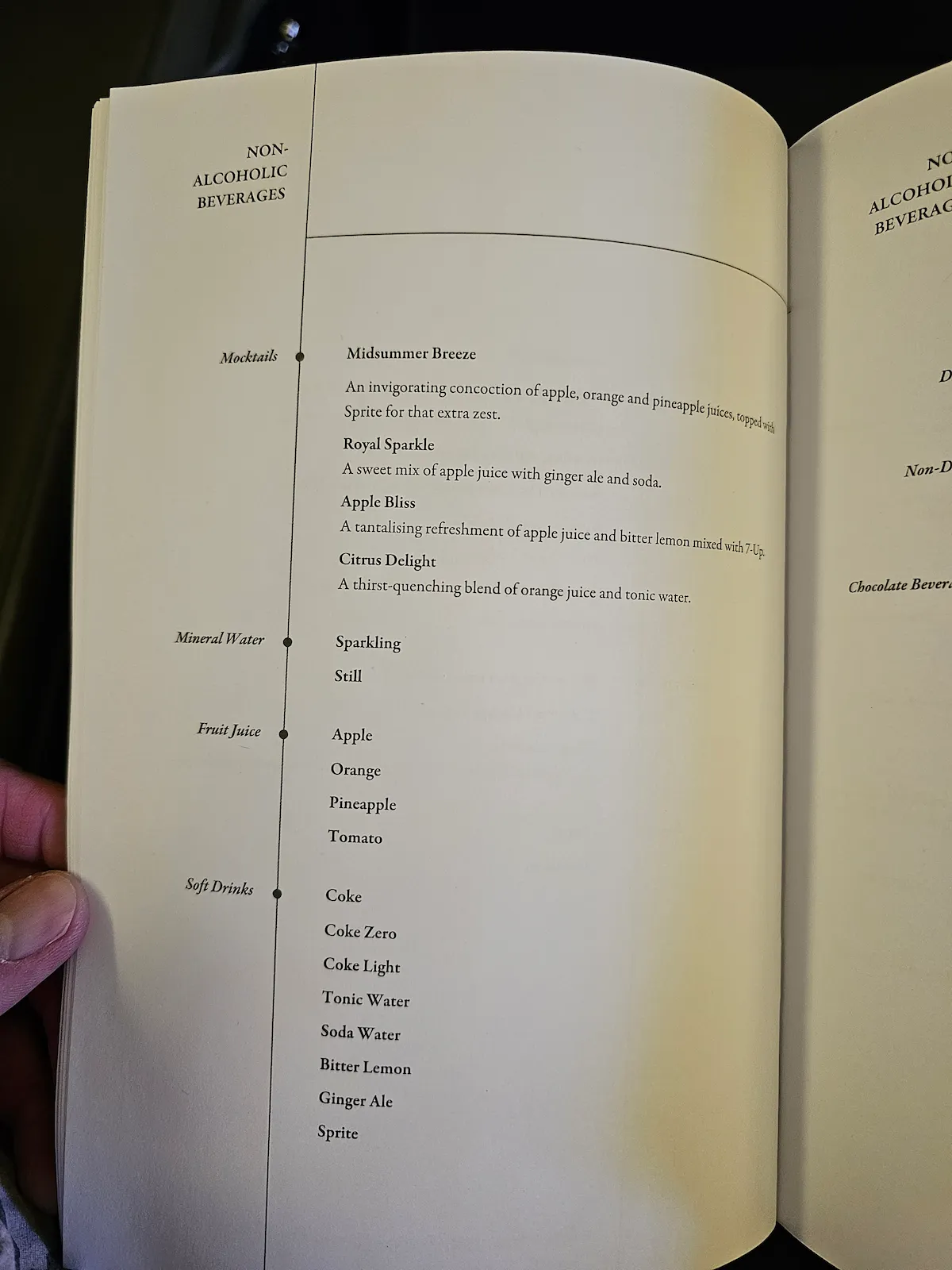 Singapore Airlines Business Class Menü Mocktails